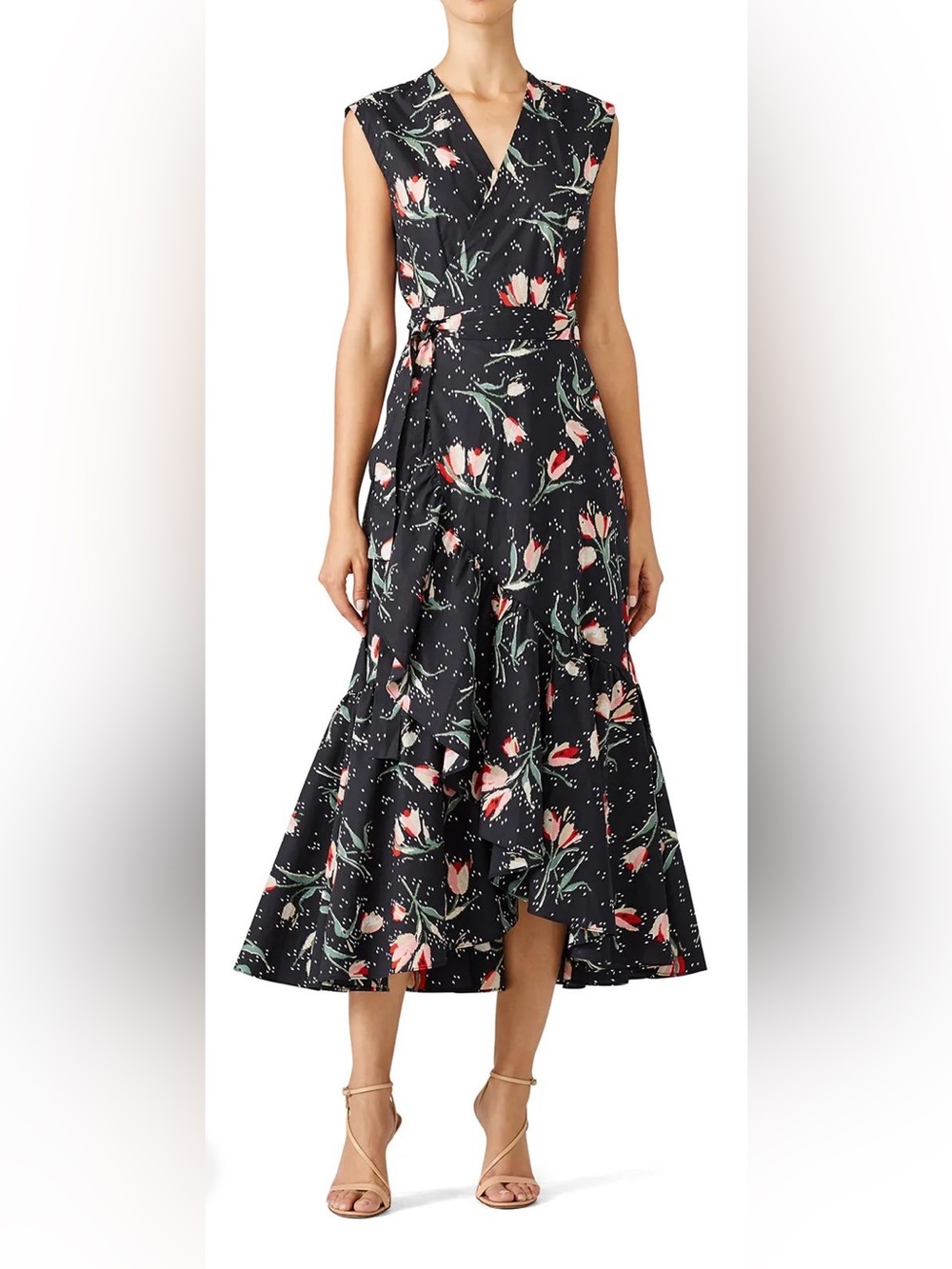 REBECCA TAYLOR Black Floral Tulip Ikat Cotton Romantic Ruffle Wrap Midi Dress 8